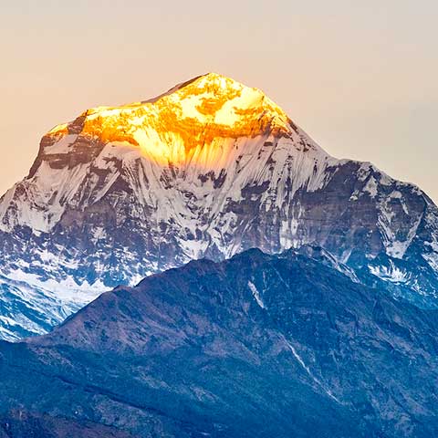 Impressive sunrise of Annapurna in the Himalayas from Pokhara on a Nepal tour