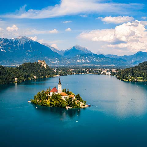 Aerial view of Lake Bled on an escorted Slovenia vacation